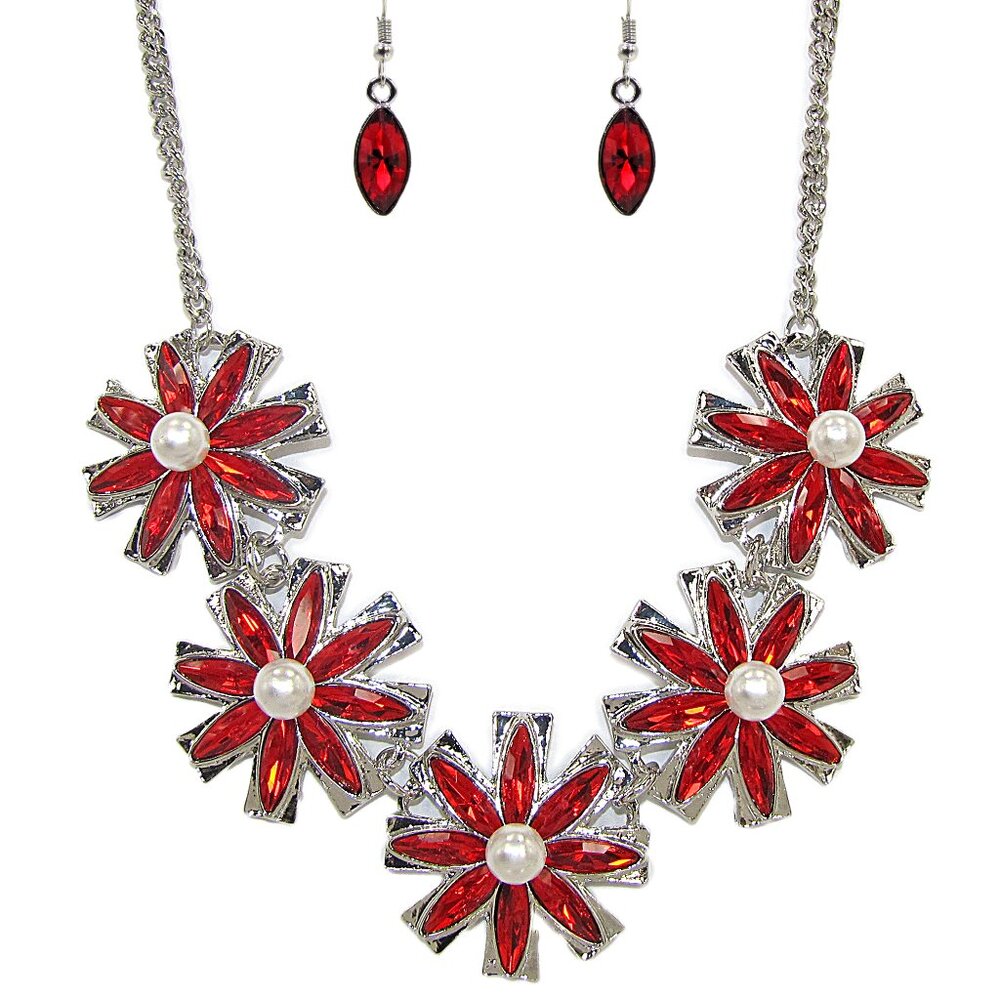 Large red flower statement necklace and earring set with crystals and pearls